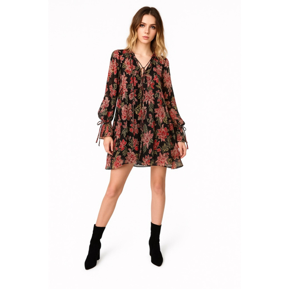 The Kooples Dresses & Skirts - The Kooples Bollywood Silk Floral Mini Dress Black Multicolor Boho Party Sz 1, S